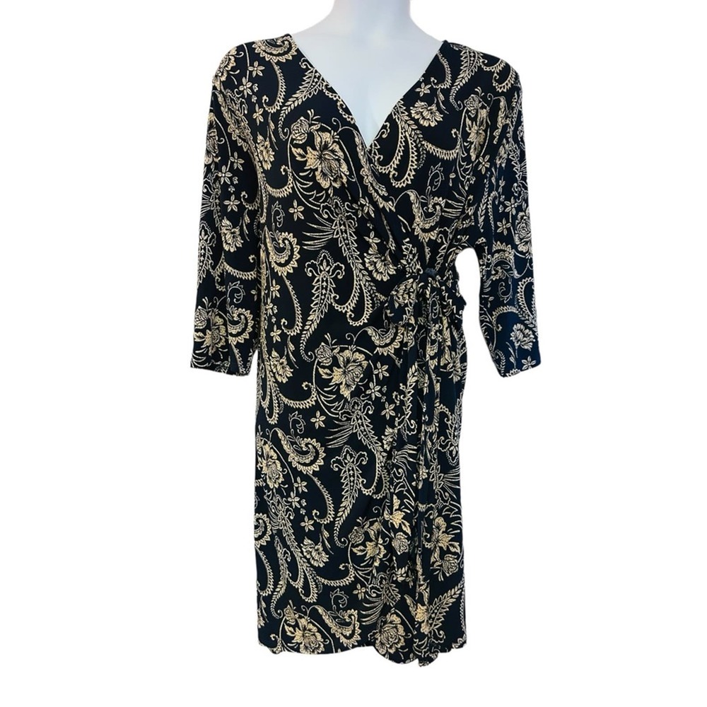 ⭐️Moci Purple Rain Navy Jersey Knit Floral Wrap Office Casual Date Night Dress - Picture 2 of 15
